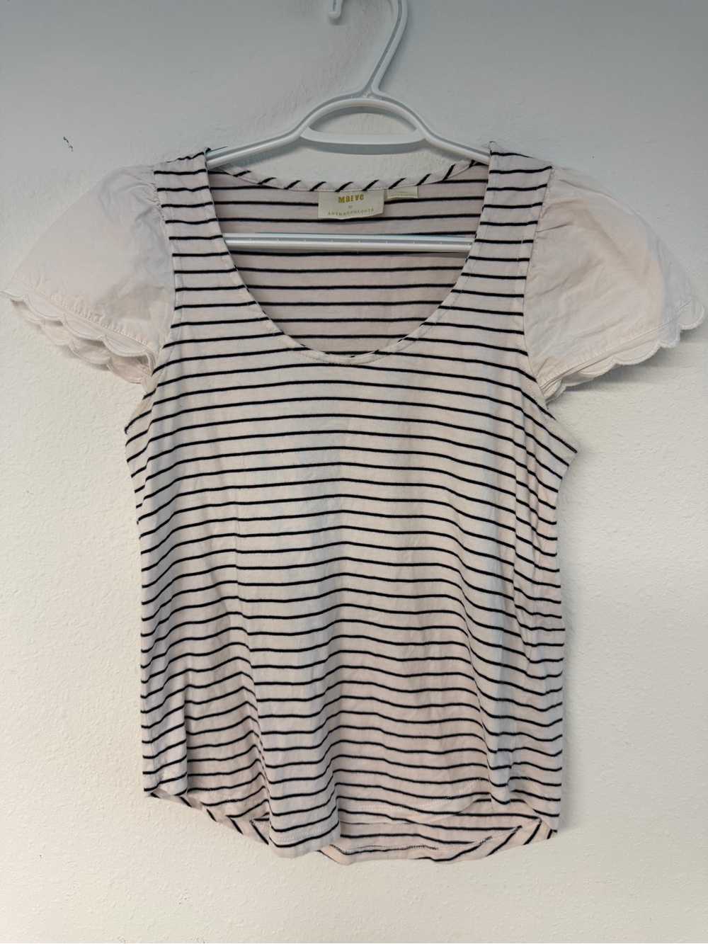 Maeve Anthropologie Striped Scoop Neck Tee with Puff Cap Sleeves - White/Black